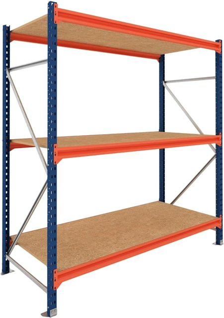 PROREGAL Schwerlastregal DOMINUS Weitspannregal mit 3 Ebenen Spanplatten-Fachböden, Blau/Orange, B: 250 cm, H: 240 cm, T: 80 cm - Bild 1