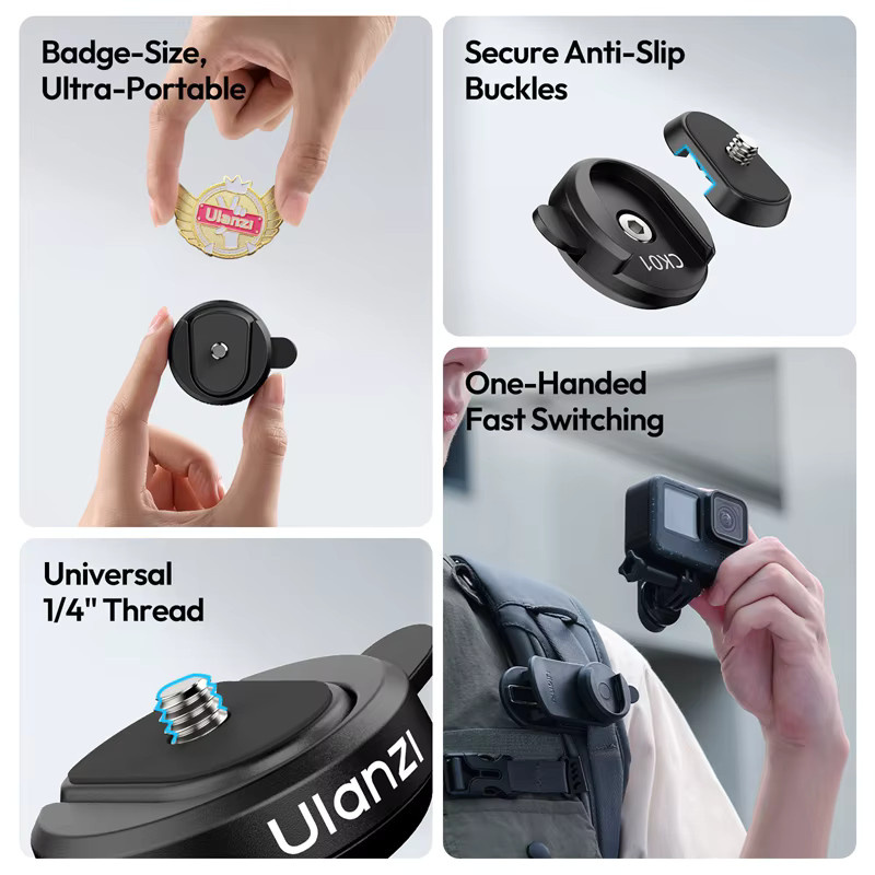 Ulanzi CK01/CK02 Schnellwechselplatten-Kit und Rucksack-Clip mit 1/4 Zoll Schraube für Kamera, GoPro und Insta 360, Schwarz - Bild 4
