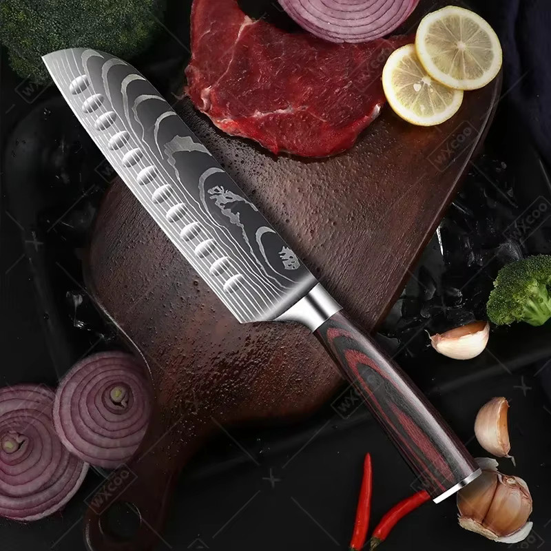 WXCOO Kochmesser-Set mit Damaskus-Muster in Silber für die professionelle Küche inklusive Messerblock und japanischem Gemüseschneider - Bild 1