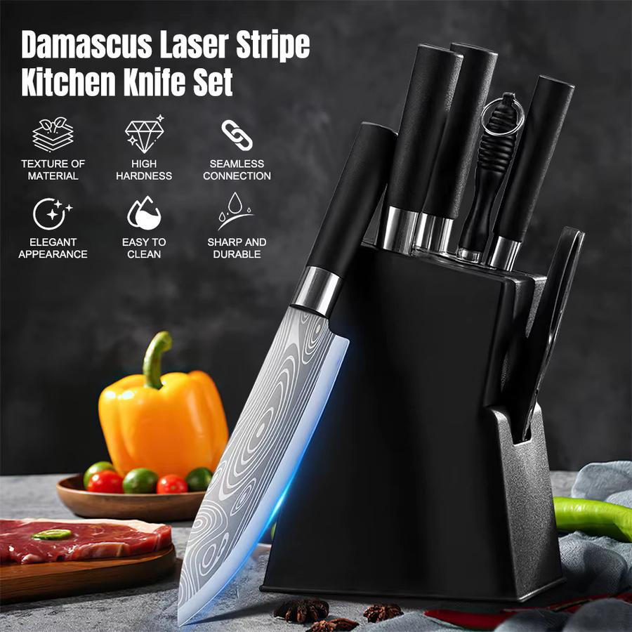 MDHAND Küchenmesser-Set aus Damaskus-Edelstahl mit Lasermuster in Schwarz, bestehend aus Kochmesser und Fleischbeil - Bild 2