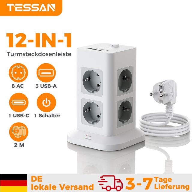 TESSAN 8-fach Steckdosenleiste in Weiß mit USB-A und USB-C Anschlüssen sowie 2m Verlängerungskabel und Schalter - Bild 1