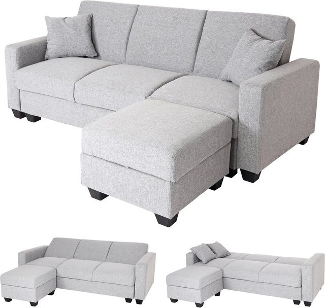 MCW Sofa MCW-H47 mit Ottomane in Hellgrau, L-Form mit Schlaffunktion und Stauraum, Stoff und Samt, B/T/H: 217 x 145 x 89 cm - Bild 1