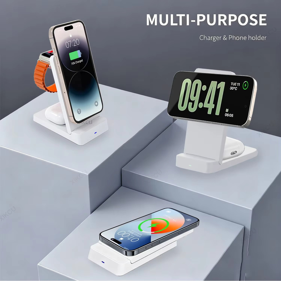 VIKEFON 3-in-1 Magnetisches Kabelloses Ladegerät und Faltbarer Telefonständer für MagSafe iPhone, iWatch und AirPods Pro in Schwarz - Bild 2