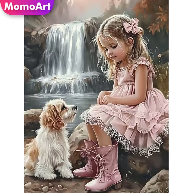 Momoart DIY Diamantmalerei Mädchenporträt mit Hund als Mosaik-Stickerei in Multicolour, B/H: 30 x 30 cm - Bild 1