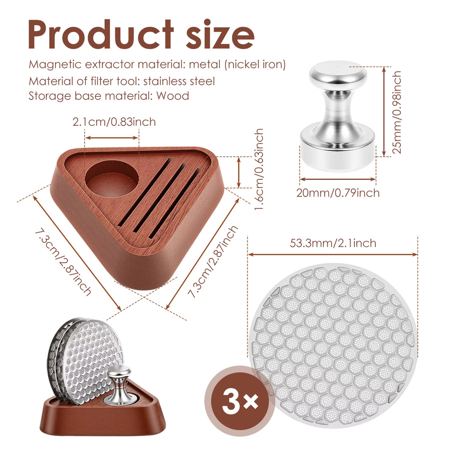 Willstar 3er-Set Edelstahl-Puck-Siebe mit Magnetextraktor und Holzständer in Silber, Durchmesser: 53,3 mm - Bild 2