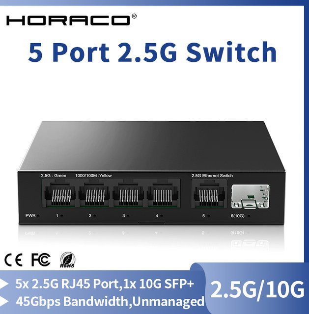 HORACO 5-Port 2,5-GbE Ethernet-Switch mit 1 Port 10 GB SFP+ Steckplatz, unmanaged Netzwerk-Switch in Schwarz - Bild 1