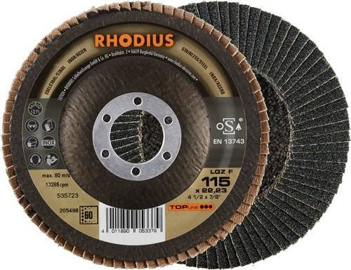 Rhodius TOPline LGZ F Fächerschleifscheibe für Edelstahl und Stahl, Körnung 60, Durchmesser: 115 mm, Bohrung: 22,23 mm, Farbe: Braun, 10 Stück - Bild 1