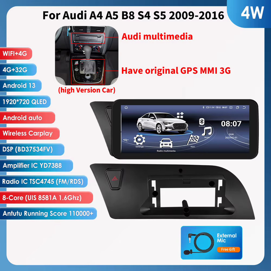 OSSURET Android 13 Autoradio mit Carplay und GPS für Audi A4 A5 B8 S4 S5 (2009-2016), 10,25 Zoll Multimedia Video-Player 2DIN Kopfstation, Schwarz - Bild 5