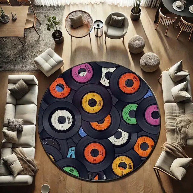 VIKAMA Personalisierter Vinyl-Schallplatten-Teppich in Retro-Optik, rund, rutschfest, Mehrfarbig - Bild 1