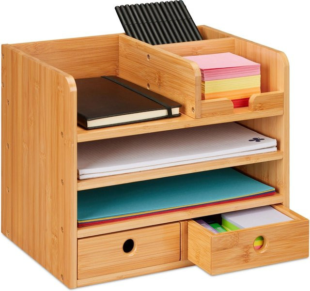 Relaxdays Schreibtisch Organizer aus Bambus und MDF in Natur mit 2 Schubladen, B/T/H: 33 x 26,5 x 24 cm - Bild 1