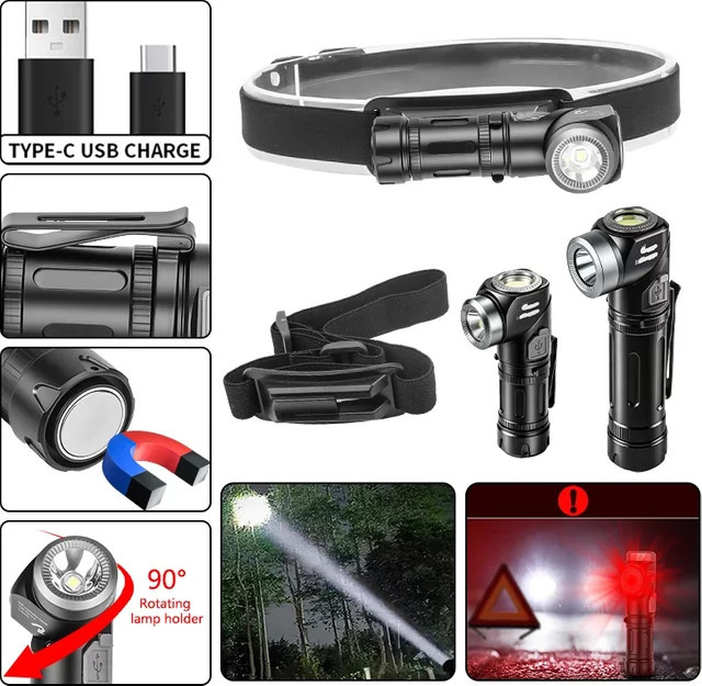 JIASHUAIXIN LED und COB wasserdichte Kopf-Taschenlampe mit USB-C wiederaufladbar, verstellbarer Scheinwerfer in Schwarz mit Magnetfunktion und 90 Grad Neigung für Camping und Outdoor - Bild 1