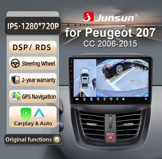 Junsun Android 13 Autoradio für PEUGEOT 207 (2006-2015) mit 9 Zoll Display, 4GB RAM, 64GB Speicher, GPS, Carplay, Bluetooth, DSP und Rückfahrkamera Unterstützung, Schwarz - Bild 1