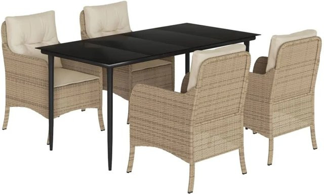 vidaXL 5-teilige Garten-Essgruppe aus Poly Rattan mit Kissen in Beige und Schwarz mit Hartglas-Tischplatte - Bild 1