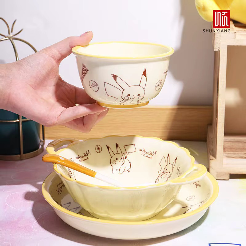 SHUNXIANG Keramik-Geschirr Set mit Cartoon-Muster, Suppenschale mit Doppelgriff und Speiseteller in Unterglasur-Farbe - Bild 2