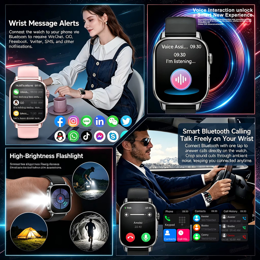 GUHUAVMI Smartwatch mit Harnsäure- und Lipid-Gesundheitsanalyse, EKG, PPG, Bluetooth-Anruf und 2,01 Zoll LED-Taschenlampe für Herren und Damen in Schwarz und Pink - Bild 6
