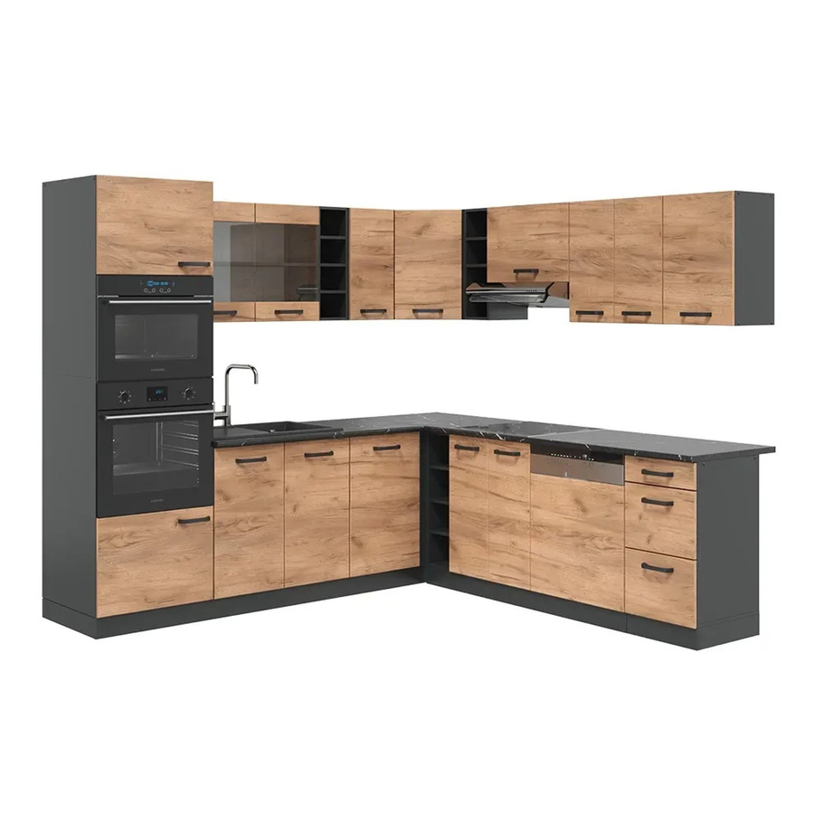 Vicco R-Line Eckküche in Anthrazit und Goldkraft Eiche, moderne Küchenzeile ohne Elektrogeräte, B/T/H: 237 x 247 cm - Bild 1