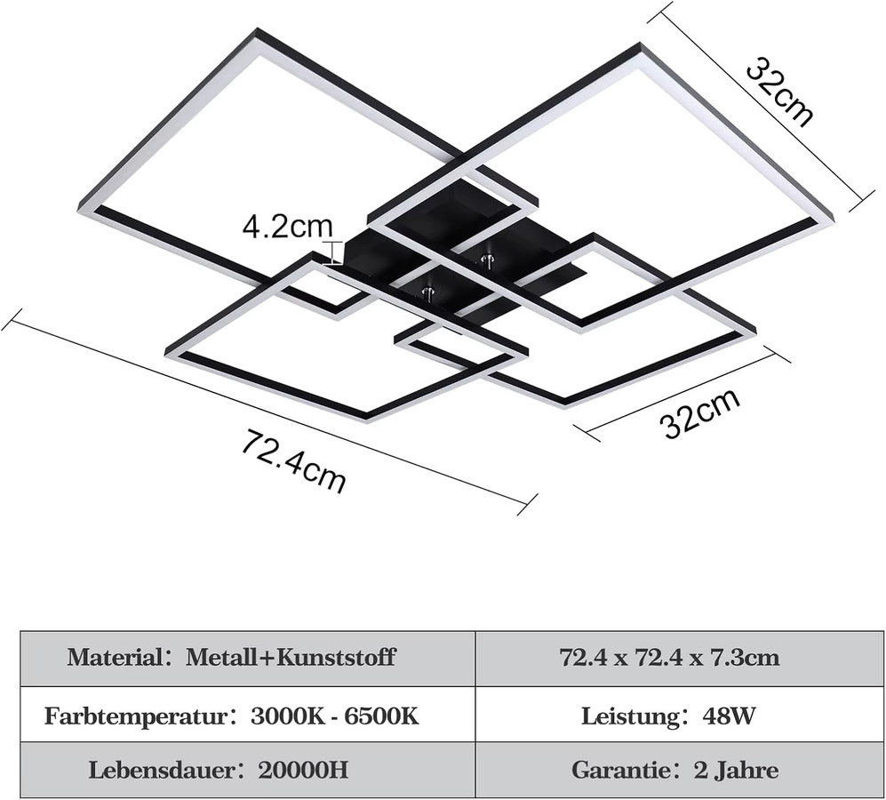 Cliheet 4-flammige LED-Deckenleuchte in Schwarz, 48 W, 5500 lm, modern, dimmbar mit Fernbedienung für Wohnzimmer und Küche - Bild 3