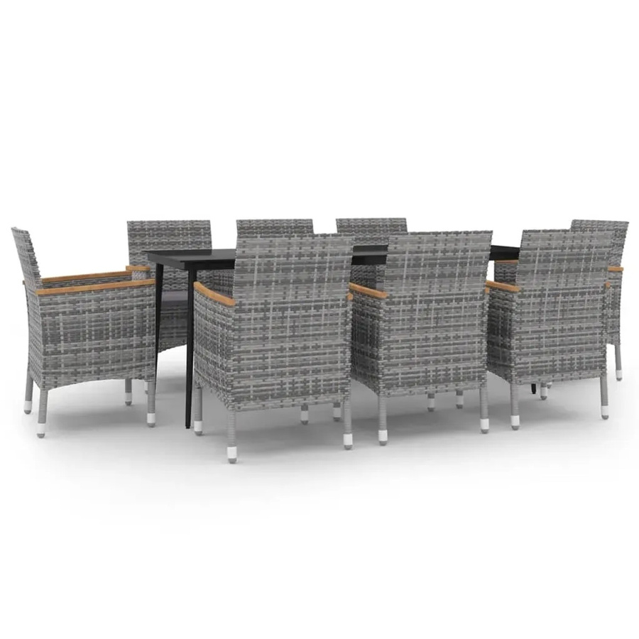 vidaXL 9-teilige Garten-Essgruppe aus Poly-Rattan mit Glasplatte und Kissen in Grau und Schwarz - Bild 2