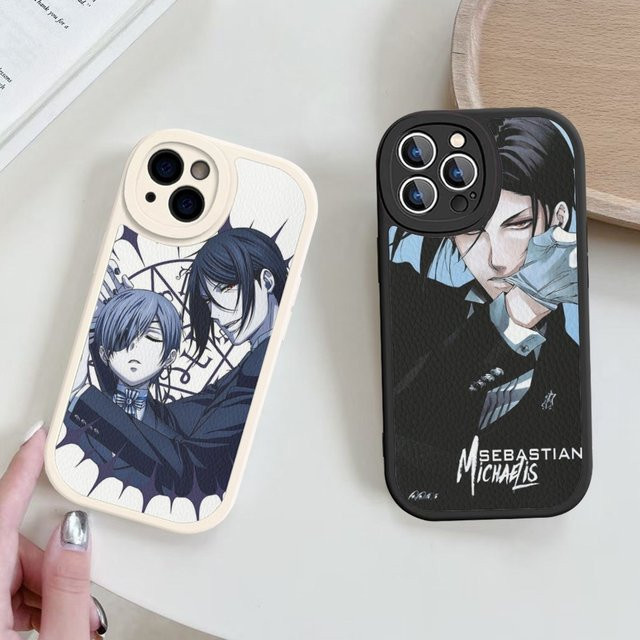Handyhülle im Anime Butler Design aus schwarzem Hartleder für iPhone 15 14 13 12 11 Pro Max XS XR 7 8 Plus - Bild 1