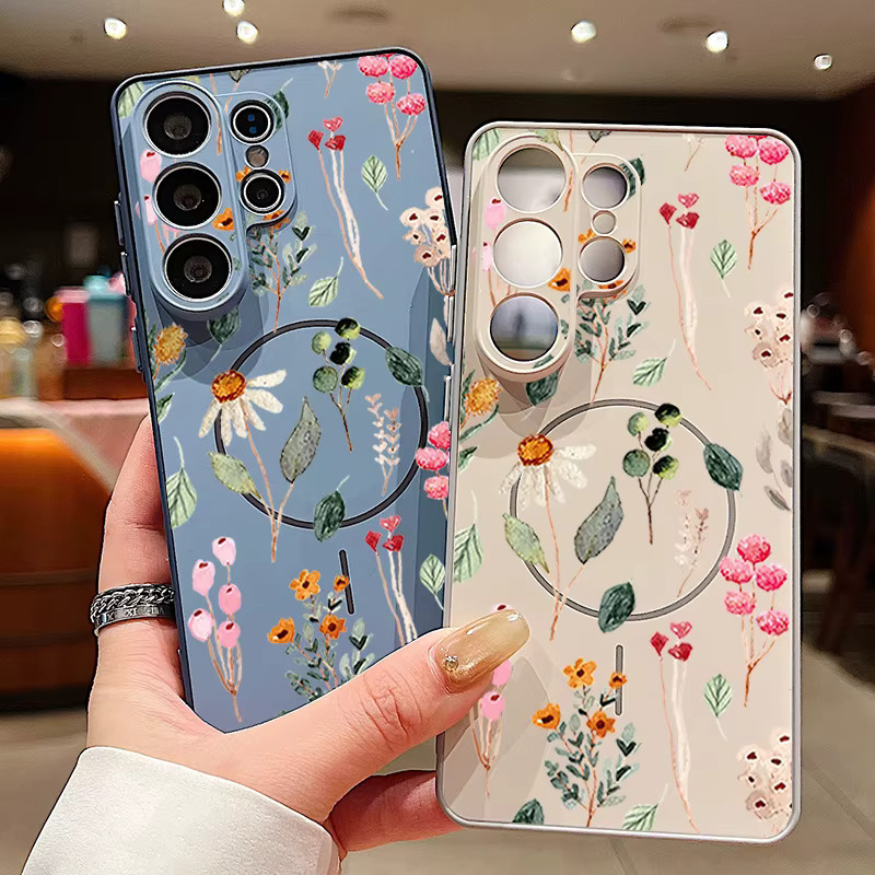 Magnetische Handyhülle mit buntem Blumenmuster für Samsung Galaxy S25 S26 Ultra S24 S23 FE A17 A56 A37 A16 A55 A15 A36 A55 Cover in Multicolour und Orange - Bild 1