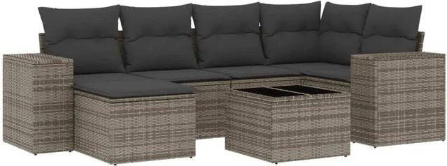 vidaXL 7-teilige Garten-Sofagarnitur in L-Form aus Poly-Rattan in Grau mit Kissen und Armlehnen - Bild 1