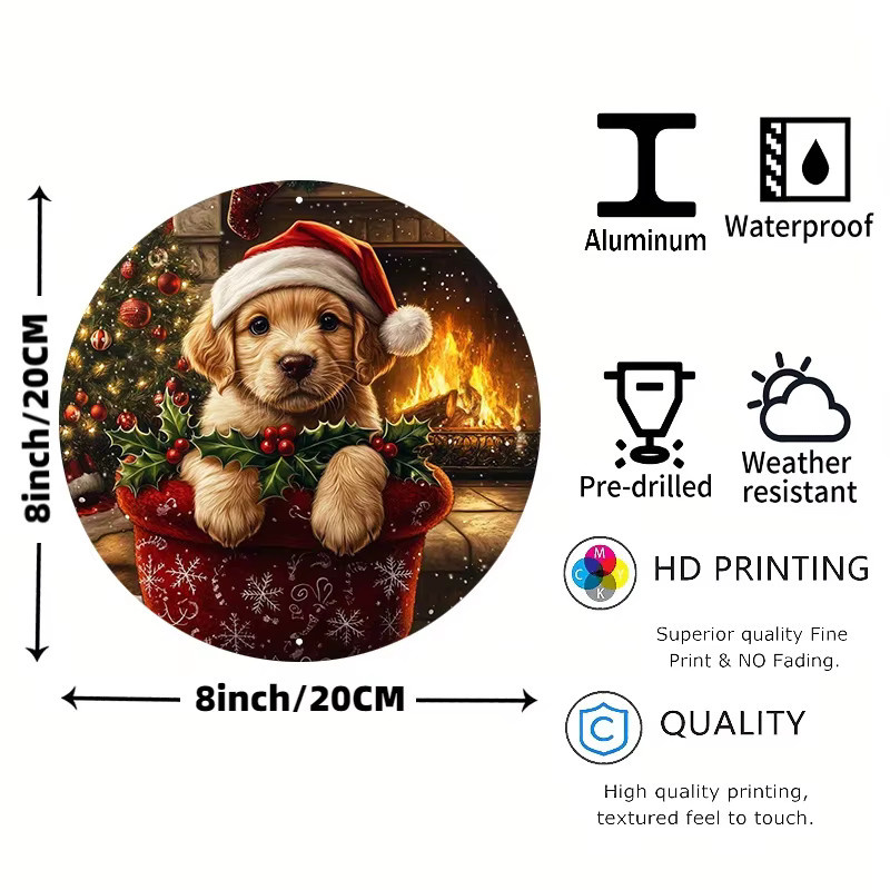 Potdemiel Rundes Weihnachtskranzschild aus Aluminium mit Tier-Motiv, Wetterbeständige Wandkunst für Innen und Außen, Durchmesser: 20,32 cm, Mehrfarbig - Bild 3