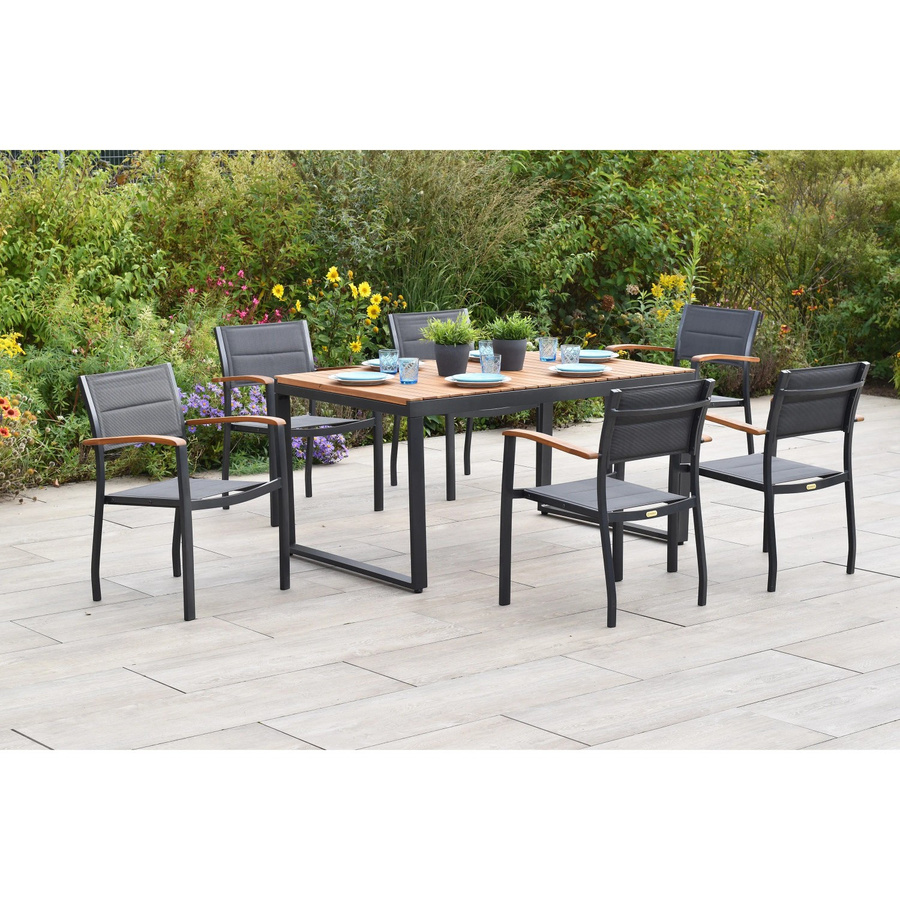Merxx Gartenmöbel-Diningset Paxos 7-tlg. aus Aluminium und Akazienholz in Grau mit ausziehbarem Tisch für 6 Personen - Bild 2