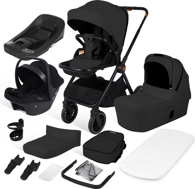 BabyVoyage 4-in-1 Kinderwagen-Reisesystem mit Autositz, ISOFIX-Basis, Babywanne und 360 Grad drehbarem Sitz in Schwarz - Bild 1