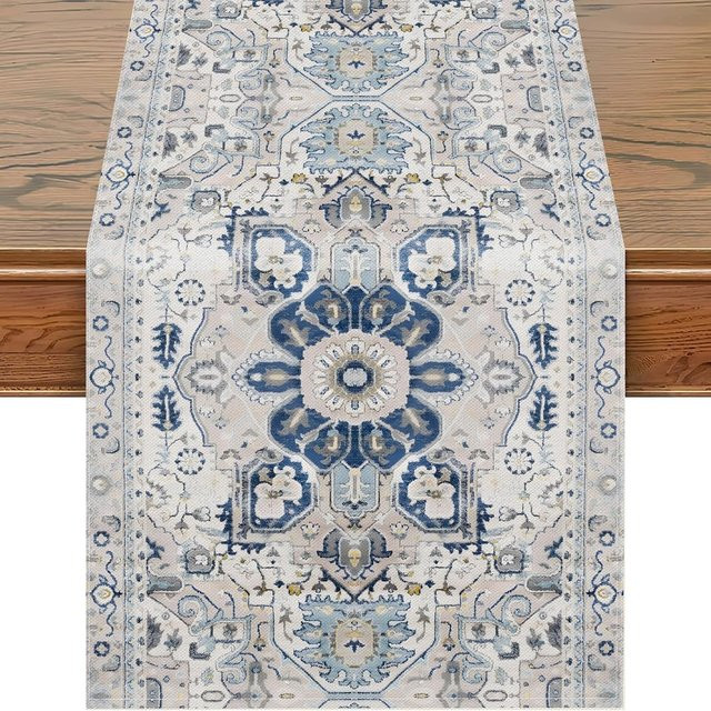 VIKAMA Tischläufer Retro Ethno in Blau und Weiß mit geometrischem Muster, B/T/H: 90 x 33 x 33 cm - Bild 1