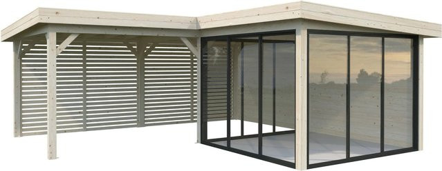 Palmako Pavillon Lenna Set 411 Slide aus Fichtenholz mit Alu-Schiebetüren und PZ-Schloss, Braun, B/T/H: 588 x 588 x 245 cm - Bild 1