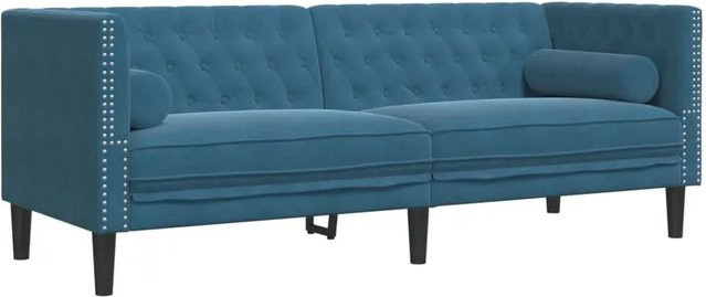 vidaXL Chesterfield-Sofa 3-Sitzer aus blauem Samt mit Nackenrollen und Massivholzrahmen, B/T/H: 194 x 74,5 x 70,5 cm - Bild 1