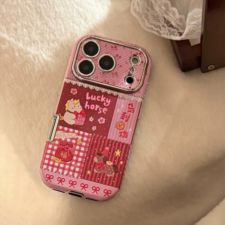MUQGEW Handyhülle mit Koreanischem Cartoon-Pferd und Lederstruktur für iPhone 11 bis 17 Pro Max inklusive Armband, Stoßfest, Pink - Bild 4