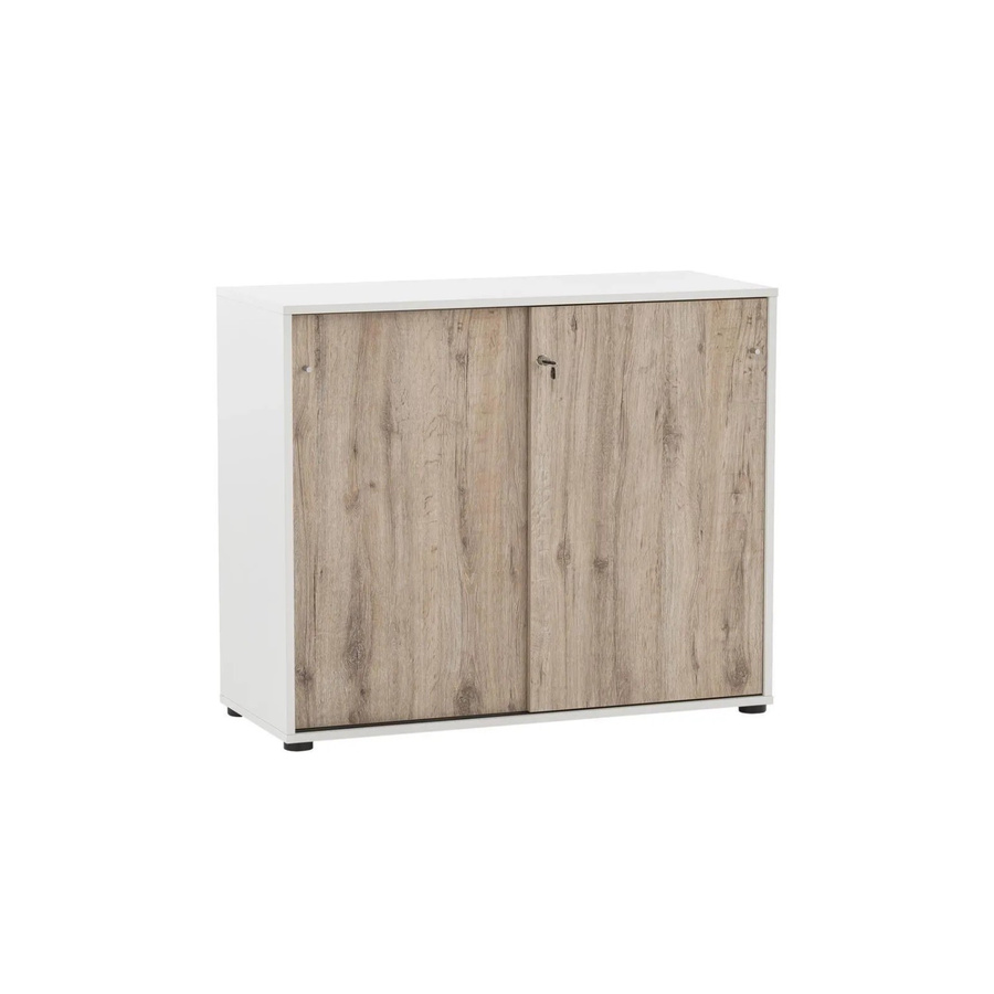 PROREGAL Aktenschrank Pigeon Large in Weiß und Eiche mit 2 abschließbaren Schiebetüren, H x B x T: 83,6 x 100 x 41 cm - Bild 2