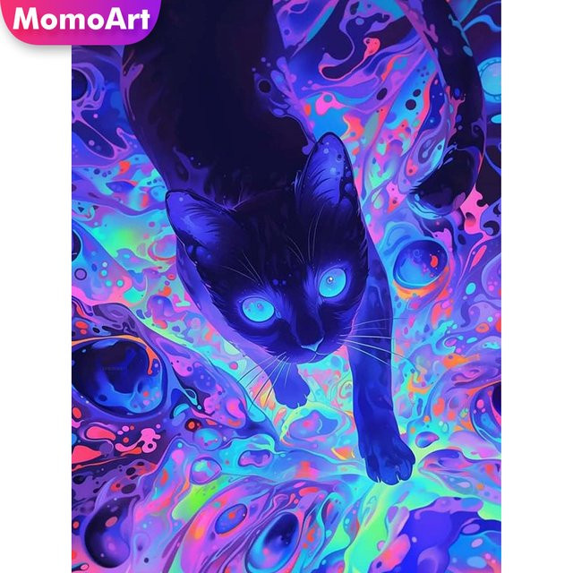 Momoart DIY Diamantmalerei Set Schwarze Katze mit runden Diamanten in Schwarz und Multicolour - Bild 1