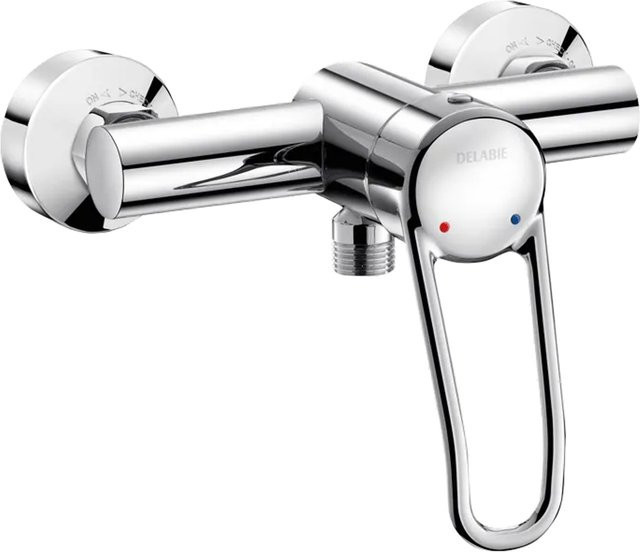 Delabie Brauseeinhebelmischer Securitouch mit Bügelgriff in Chrom, silberfarben, aus Messing, wassersparend - Bild 1