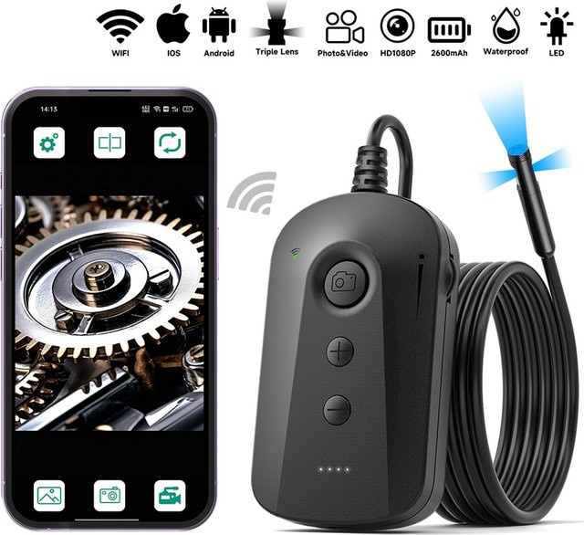 VISHRT Industrielle WiFi-Endoskop-Videokamera mit Dual-Dreifachobjektiv und LED-Beleuchtung, wasserdicht, Schwarz, 2600 mAh - Bild 1