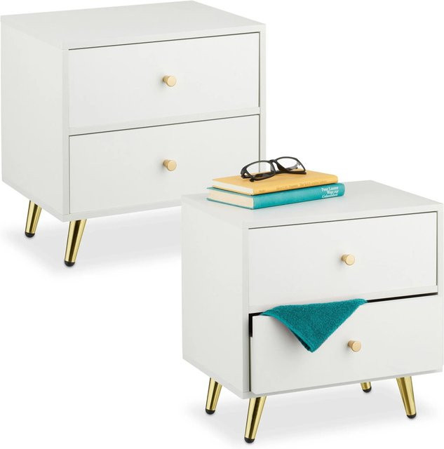 Relaxdays Nachttisch 2er Pack aus MDF und Eisen in Weiß und Gold mit 2 Schubladen B: 41,5 cm, T: 40 cm, H: 32,5 cm - Bild 1