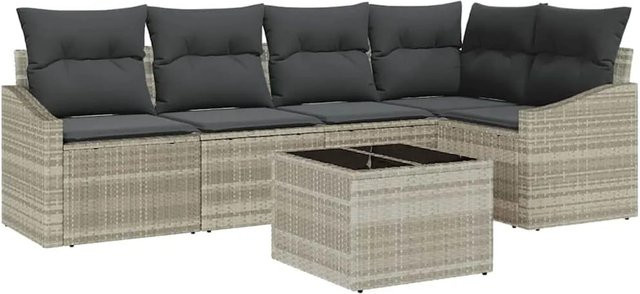 vidaXL Garten-Sofa-Set 6-teilig aus Poly Rattan in Hellgrau mit Polsterkissen und Tisch - Bild 1