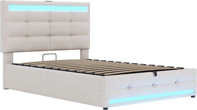 Merax Polsterbett mit Hydraulik, LED-Beleuchtung und USB-Anschluss in Beige, B/T/H: 90 x 200 x 107 cm - Bild 1