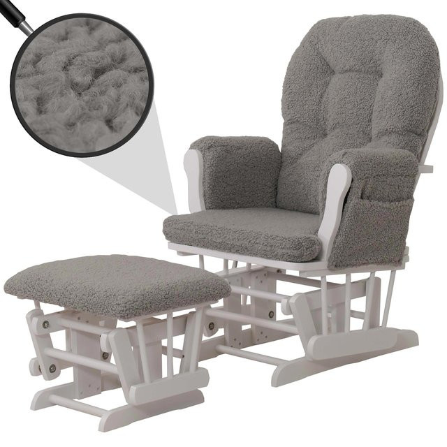 MCW Relaxsessel C76 Schaukelstuhl mit Hocker aus grauem Bouclé Stoff und weißem Holzgestell - Bild 1