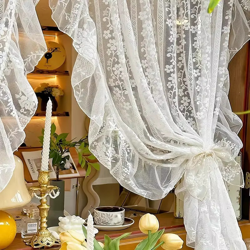 CENTURyMiG Transparentes Doppel-Vorhangset im Vintage-Stil mit floraler Spitze in Weiß, Breite: 100 cm, Höhe: 130 cm - Bild 2