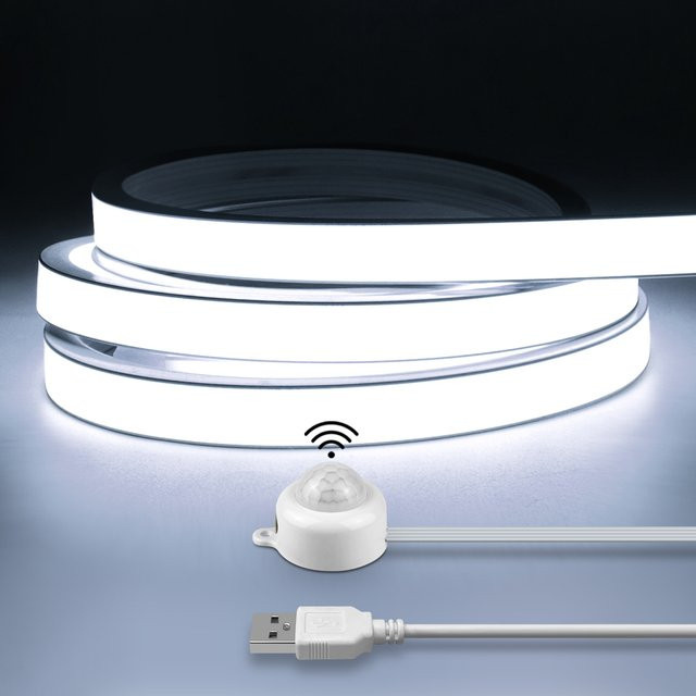 MALITAI COB LED Streifen mit PIR Bewegungssensor, USB 5V Neon Band aus Silikon, wasserdicht, Farbe: Weiß - Bild 1