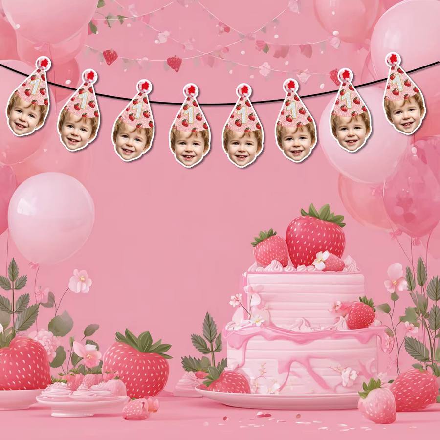 Cyuan Erdbeer Party-Dekorationsset mit Banner, Kuchendekoration und Strohhalm-Zubehör für Babyparty und Geburtstag - Bild 2