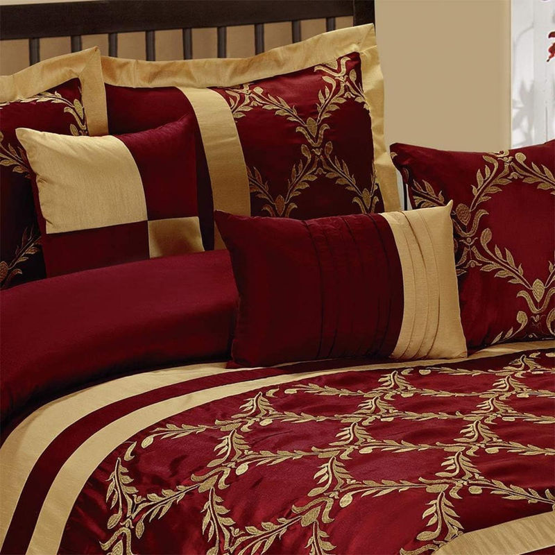 7-teiliges Claremont Bettdecken-Set von Bin Chi Textiles in Burgunderrot und Gold, bestickte Kunstseide mit floralem Muster, atmungsaktiv und knitterarm, B/H: 180 x 200 cm - Bild 6