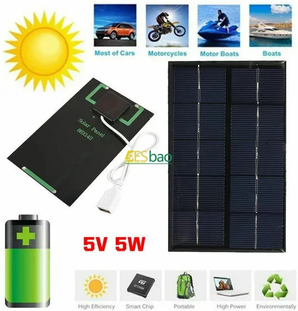 EESBAO Tragbares 5V USB Solarpanel in Schwarz, Wasserdichtes Outdoor-Solarladegerät für Handy und Powerbank - Bild 1