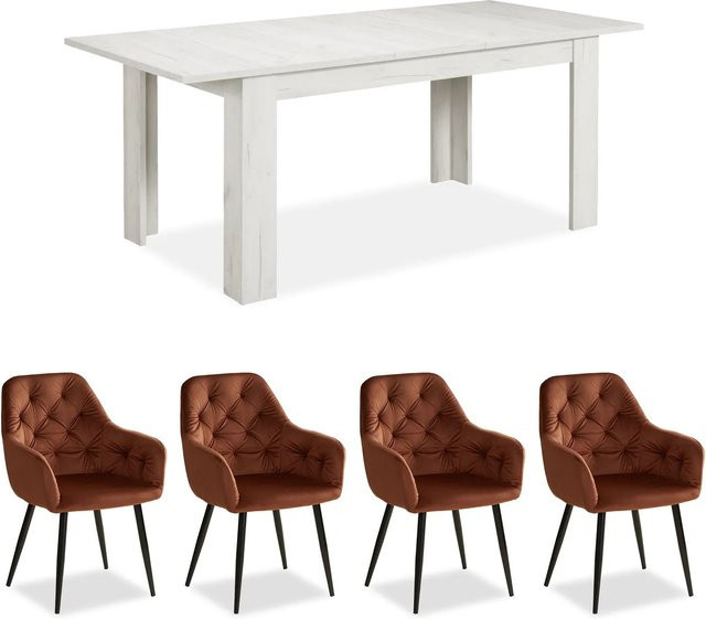 Homestyle4u Essgruppe im Landhausstil mit ausziehbarem Esstisch und 4 Polsterstühlen aus Samt in Braun und Weiß - Bild 1