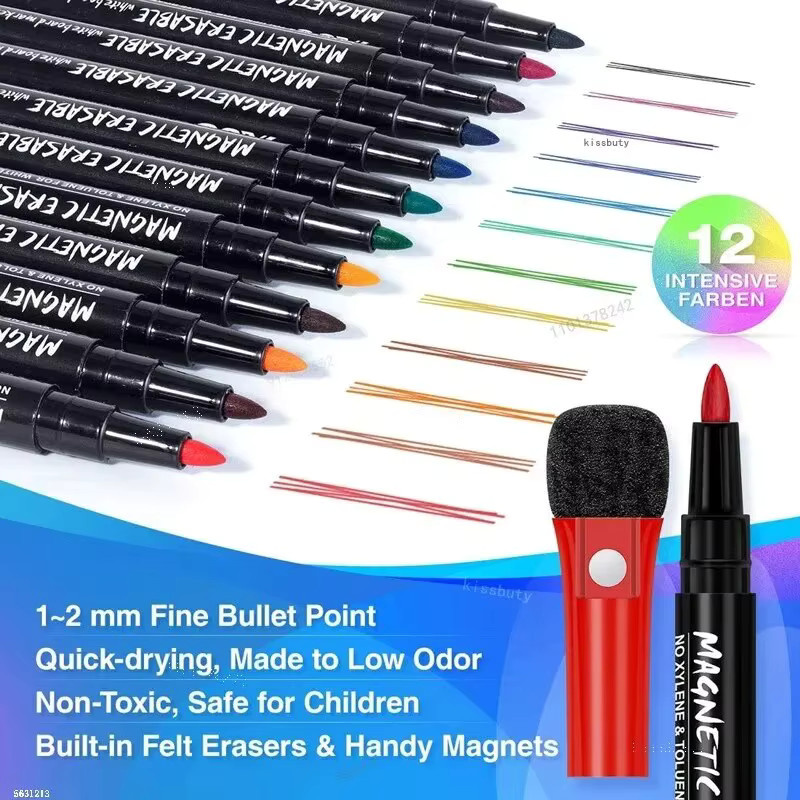 12 Farben Magnetische Whiteboard-Marker Set mit Radierer für Kinder und Schüler, Mehrfarbige Whiteboard-Stifte mit Bullet-Spitze - Bild 2