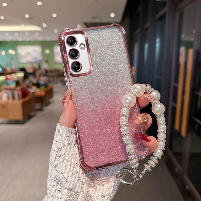 Stoßfeste TPU-Handyhülle mit Gradient Glitter und luxuriösem Perlenketten-Handschlaufenband für Samsung Galaxy A15 5G/4G in Pink - Bild 1