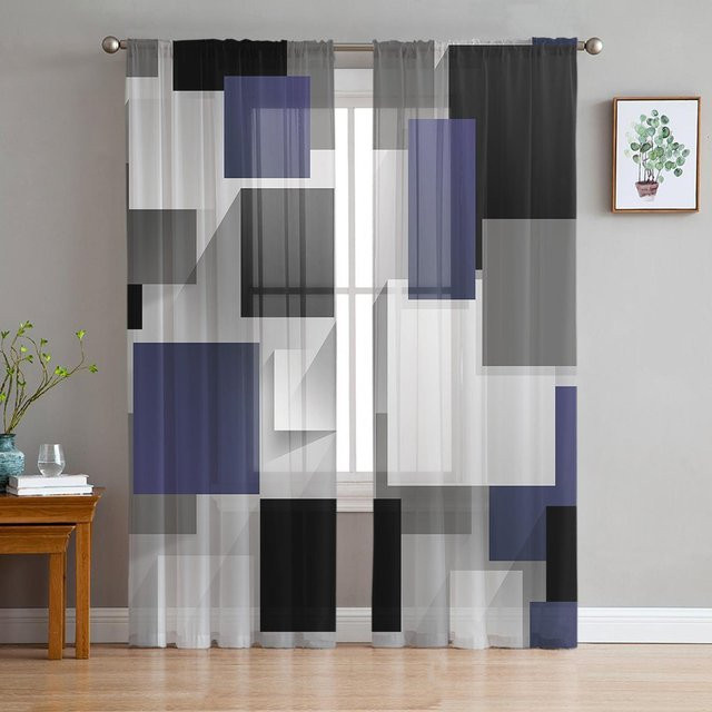 Transparente Tüll-Voile-Vorhänge von Household supplies MH mit geometrischem Design in Marineblau, Grau und Schwarz, Breite: 135 cm, Höhe: 115 cm - Bild 1