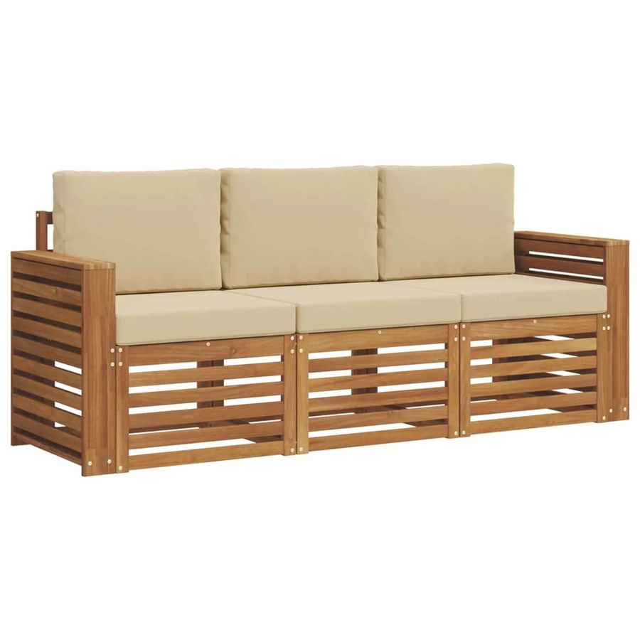 vidaXL Sofagarnitur 3-teilig aus Massivholz Akazie in Natur und Beige mit Sitz- und Rückenkissen - Bild 2